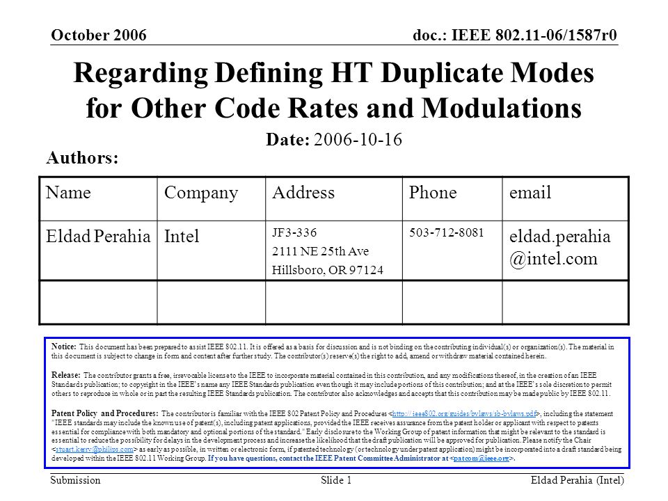 doc.: IEEE /1587r0 Submission October 2006 Eldad Perahia (Intel)Slide 1 Regarding Defining HT Duplicate Modes for Other Code Rates and Modulations Notice: This document has been prepared to assist IEEE