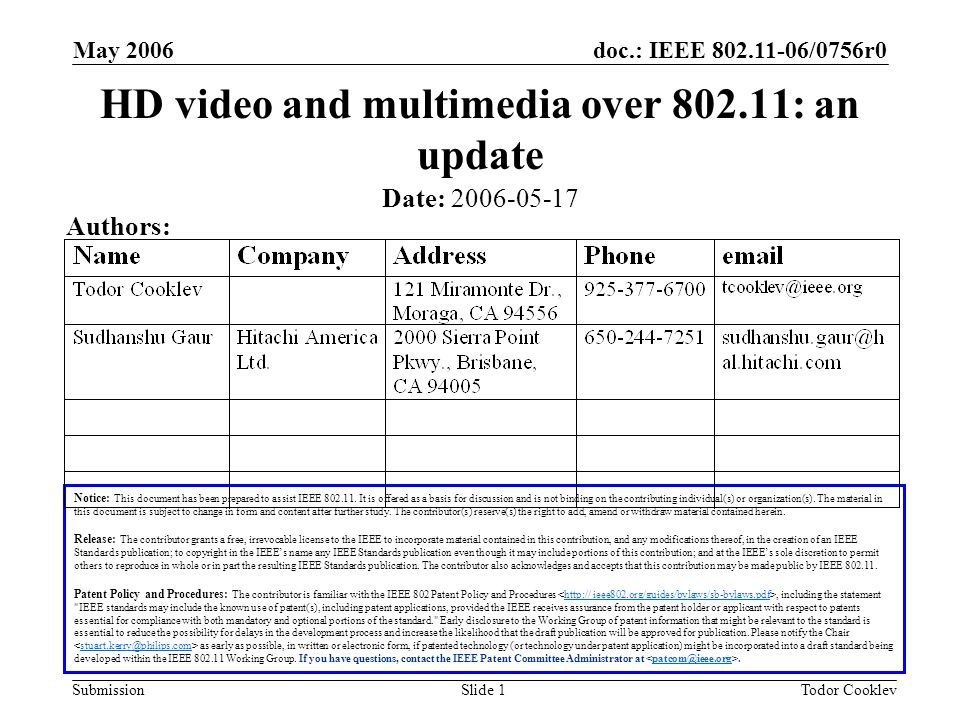 doc.: IEEE /0756r0 Submission May 2006 Todor CooklevSlide 1 HD video and multimedia over : an update Notice: This document has been prepared to assist IEEE