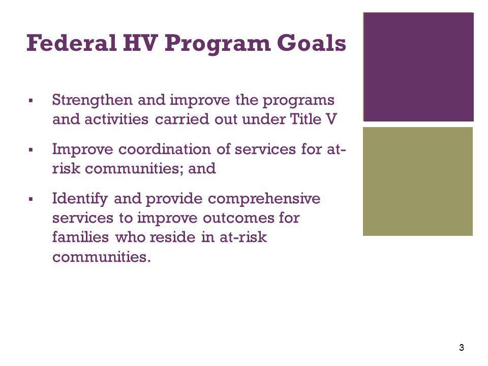 + Federal HV Program Goals  Strengthen and improve the programs and activities carried out under Title V  Improve coordination of services for at- risk communities; and  Identify and provide comprehensive services to improve outcomes for families who reside in at-risk communities.