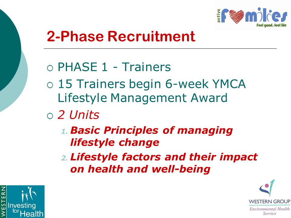 2-Phase Recruitment  PHASE 1 - Trainers  15 Trainers begin 6-week YMCA Lifestyle Management Award  2 Units 1.