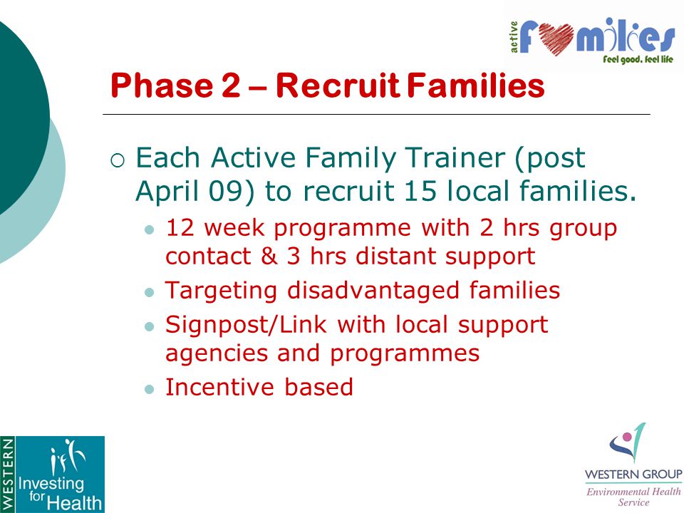 Phase 2 – Recruit Families  Each Active Family Trainer (post April 09) to recruit 15 local families.