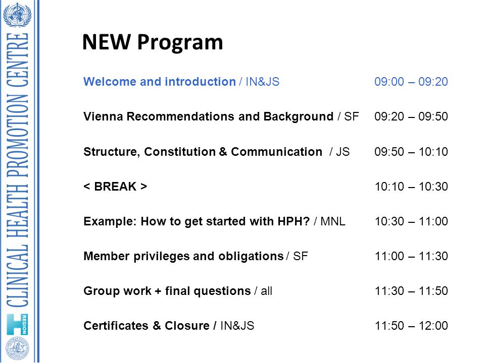 NEW Program Welcome and introduction / IN&JS09:00 – 09:20 Vienna Recommendations and Background / SF09:20 – 09:50 Structure, Constitution & Communication / JS09:50 – 10:10 10:10 – 10:30 Example: How to get started with HPH.