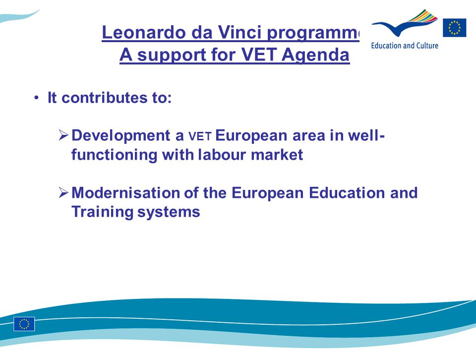 12 Leonardo da Vinci programme A support for VET Agenda It contributes to:  Development a VET European area in well- functioning with labour market  Modernisation of the European Education and Training systems