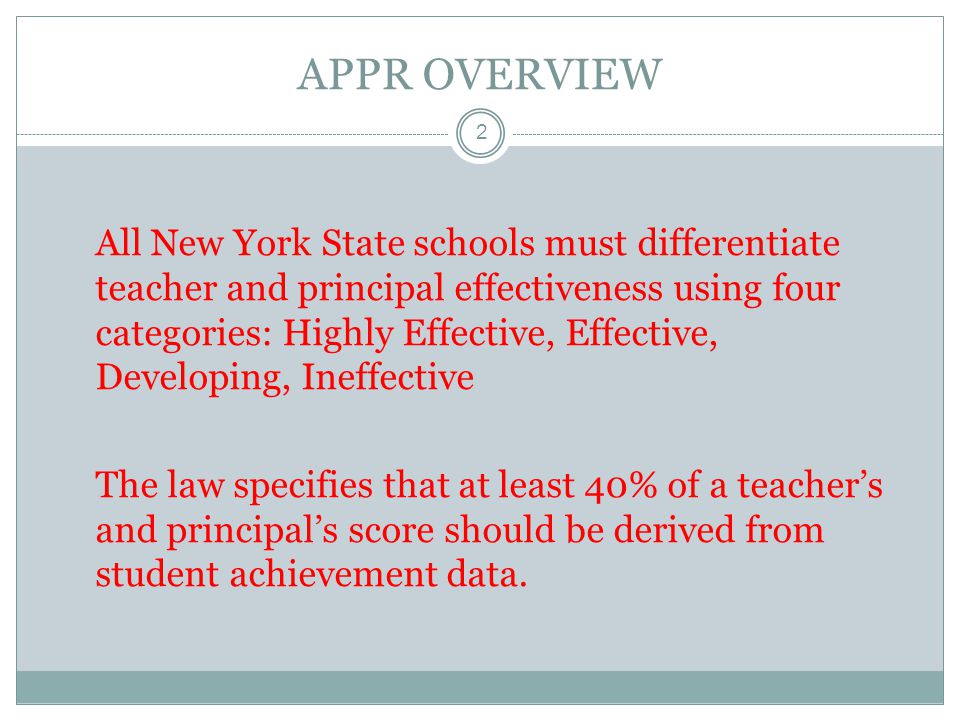APPR OVERVIEW All New York State schools must differentiate teacher and principal effectiveness using four categories: Highly Effective, Effective, Developing, Ineffective The law specifies that at least 40% of a teacher’s and principal’s score should be derived from student achievement data.