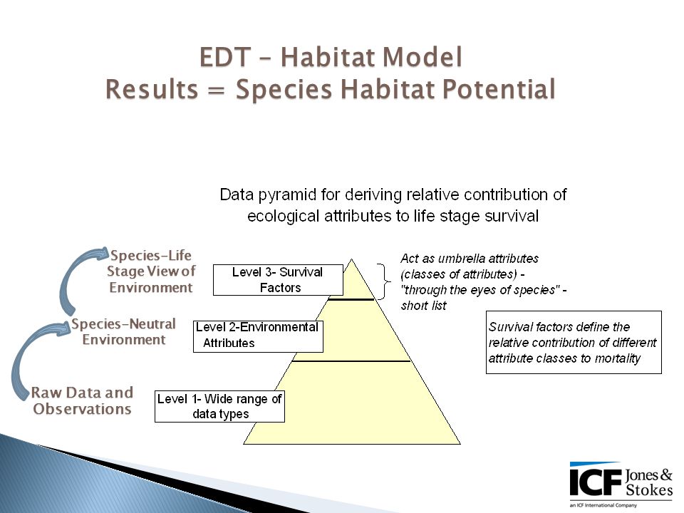 EDT – Habitat Model Results = Species Habitat Potential Raw Data and Observations Species-Neutral Environment Species-Life Stage View of Environment