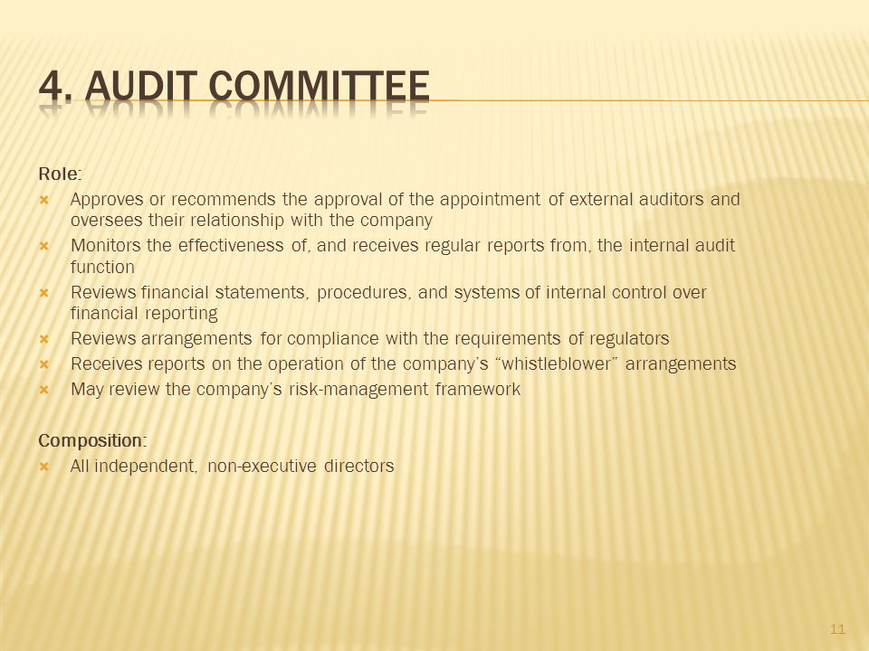 Role:  Approves or recommends the approval of the appointment of external auditors and oversees their relationship with the company  Monitors the effectiveness of, and receives regular reports from, the internal audit function  Reviews financial statements, procedures, and systems of internal control over financial reporting  Reviews arrangements for compliance with the requirements of regulators  Receives reports on the operation of the company’s whistleblower arrangements  May review the company’s risk-management framework Composition:  All independent, non-executive directors 11