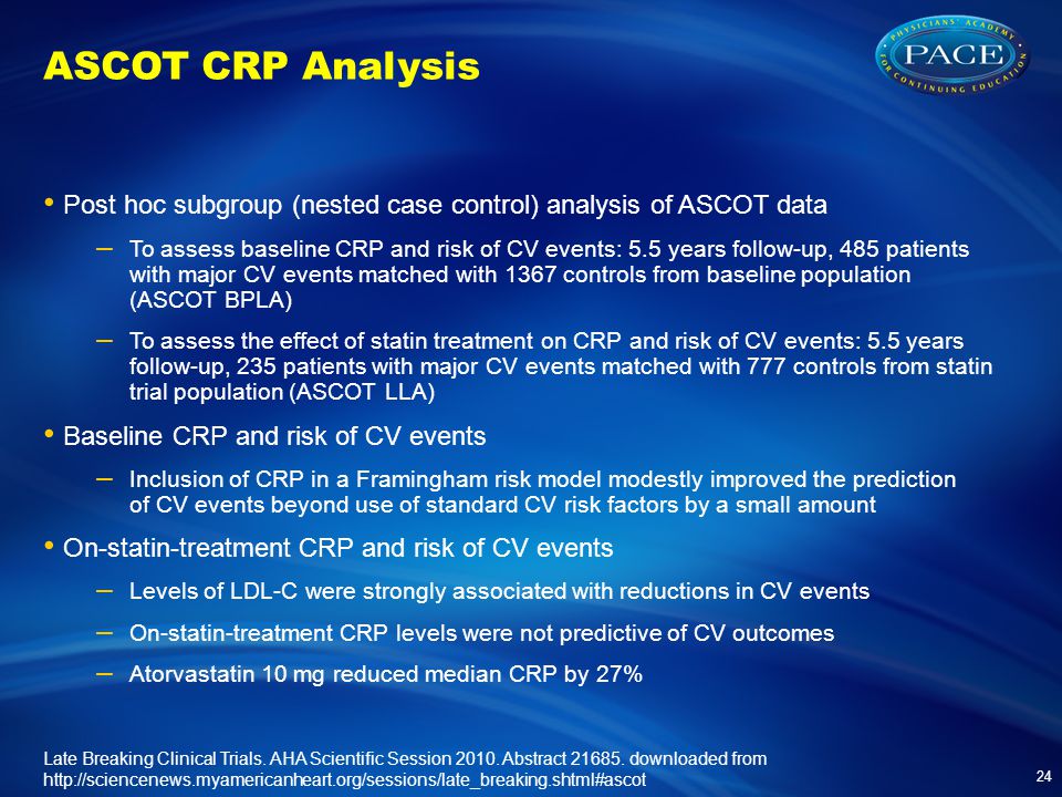 ASCOT CRP Analysis Post hoc subgroup (nested case control) analysis of ASCOT data – To assess baseline CRP and risk of CV events: 5.5 years follow-up, 485 patients with major CV events matched with 1367 controls from baseline population (ASCOT BPLA) – To assess the effect of statin treatment on CRP and risk of CV events: 5.5 years follow-up, 235 patients with major CV events matched with 777 controls from statin trial population (ASCOT LLA) Baseline CRP and risk of CV events – Inclusion of CRP in a Framingham risk model modestly improved the prediction of CV events beyond use of standard CV risk factors by a small amount On-statin-treatment CRP and risk of CV events – Levels of LDL-C were strongly associated with reductions in CV events – On-statin-treatment CRP levels were not predictive of CV outcomes – Atorvastatin 10 mg reduced median CRP by 27% 24 Late Breaking Clinical Trials.