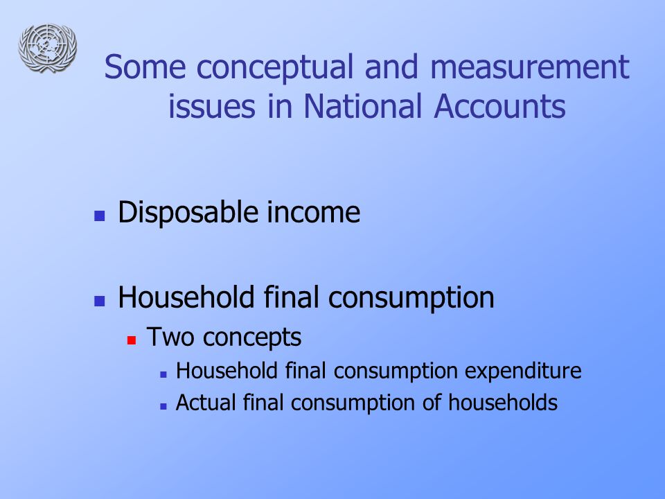 Some conceptual and measurement issues in National Accounts Disposable income Household final consumption Two concepts Household final consumption expenditure Actual final consumption of households
