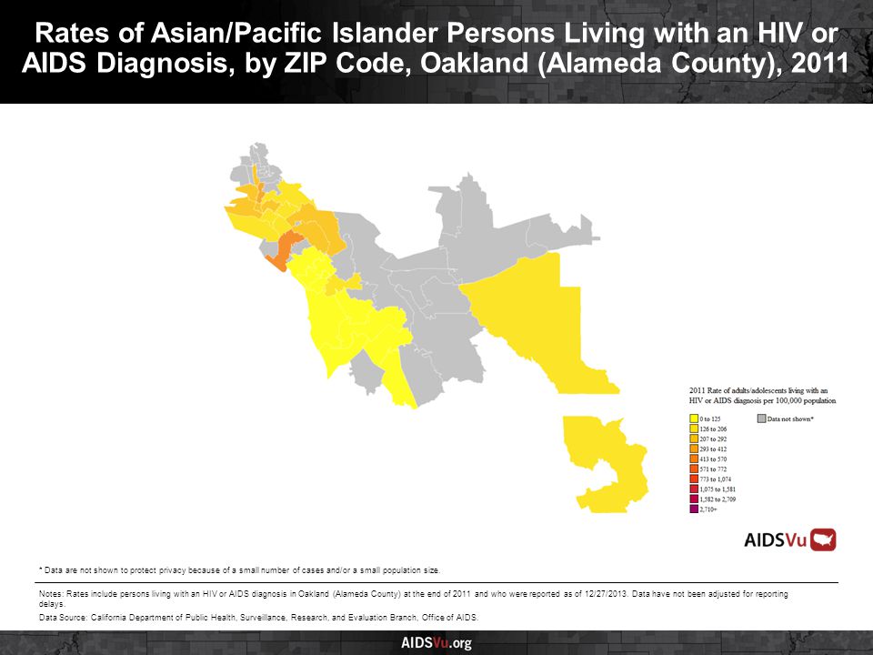 Rates of Asian/Pacific Islander Persons Living with an HIV or AIDS Diagnosis, by ZIP Code, Oakland (Alameda County), 2011 Notes: Rates include persons living with an HIV or AIDS diagnosis in Oakland (Alameda County) at the end of 2011 and who were reported as of 12/27/2013.