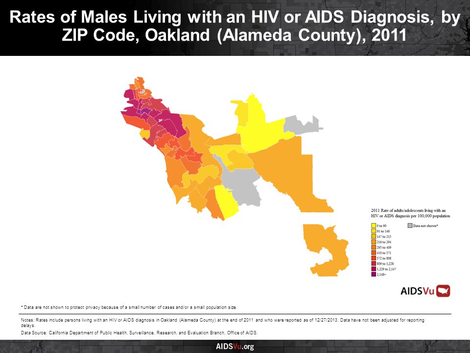 Rates of Males Living with an HIV or AIDS Diagnosis, by ZIP Code, Oakland (Alameda County), 2011 Notes: Rates include persons living with an HIV or AIDS diagnosis in Oakland (Alameda County) at the end of 2011 and who were reported as of 12/27/2013.