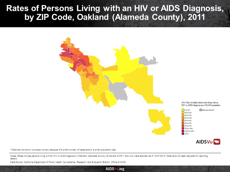 Rates of Persons Living with an HIV or AIDS Diagnosis, by ZIP Code, Oakland (Alameda County), 2011 Notes: Rates include persons living with an HIV or AIDS diagnosis in Oakland (Alameda County) at the end of 2011 and who were reported as of 12/27/2013.