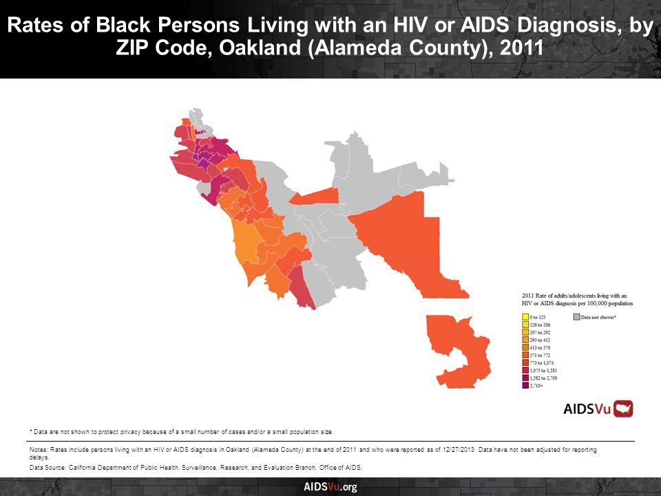 Rates of Black Persons Living with an HIV or AIDS Diagnosis, by ZIP Code, Oakland (Alameda County), 2011 Notes: Rates include persons living with an HIV or AIDS diagnosis in Oakland (Alameda County) at the end of 2011 and who were reported as of 12/27/2013.