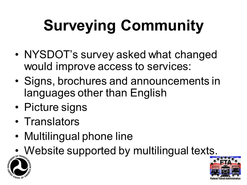 Surveying Community NYSDOT’s survey asked what changed would improve access to services: Signs, brochures and announcements in languages other than English Picture signs Translators Multilingual phone line Website supported by multilingual texts.