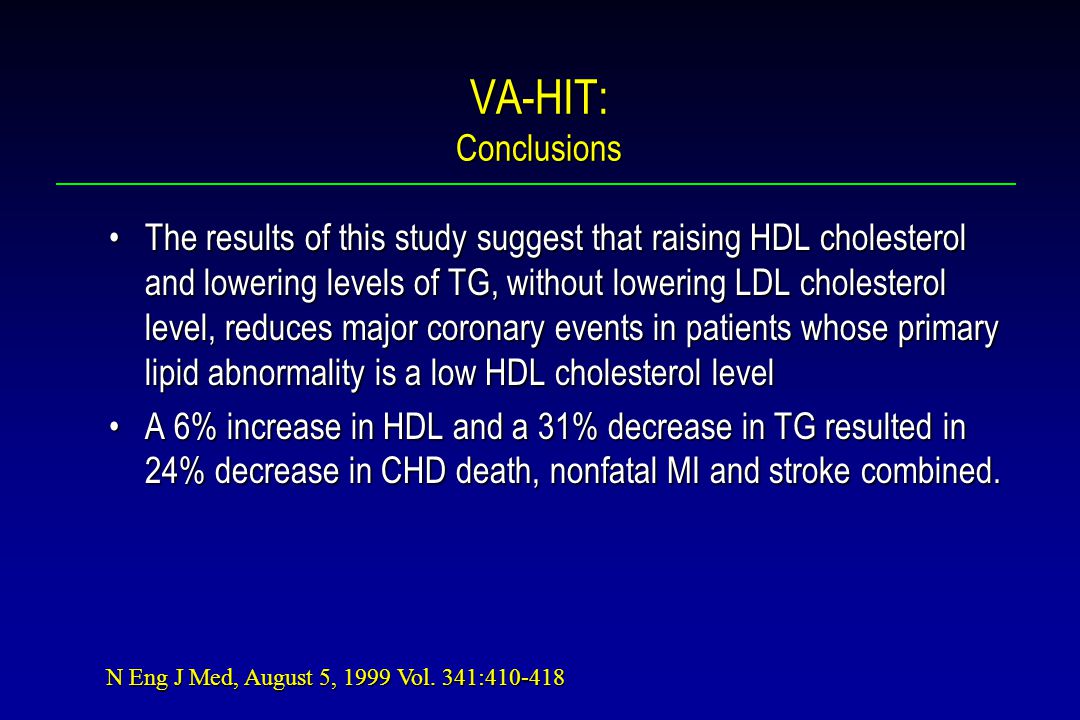 VA-HIT: Conclusions The results of this study suggest that raising HDL cholesterol and lowering levels of TG, without lowering LDL cholesterol level, reduces major coronary events in patients whose primary lipid abnormality is a low HDL cholesterol levelThe results of this study suggest that raising HDL cholesterol and lowering levels of TG, without lowering LDL cholesterol level, reduces major coronary events in patients whose primary lipid abnormality is a low HDL cholesterol level A 6% increase in HDL and a 31% decrease in TG resulted in 24% decrease in CHD death, nonfatal MI and stroke combined.A 6% increase in HDL and a 31% decrease in TG resulted in 24% decrease in CHD death, nonfatal MI and stroke combined.
