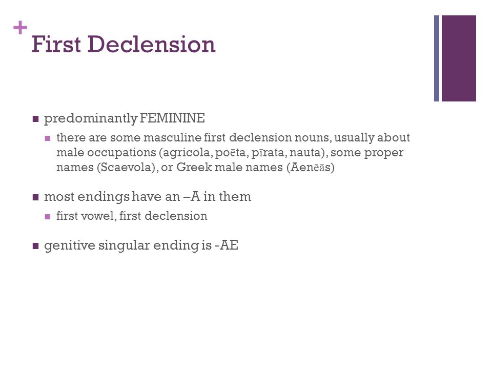 + First Declension predominantly FEMININE there are some masculine first declension nouns, usually about male occupations (agricola, po ē ta, p ī rata, nauta), some proper names (Scaevola), or Greek male names (Aen ēā s) most endings have an –A in them first vowel, first declension genitive singular ending is -AE