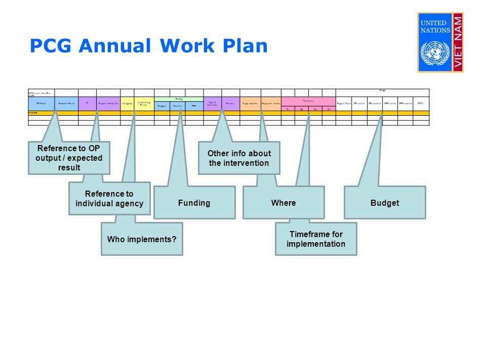 PCG Annual Work Plan PCG Annual Work Plan (AWP) Budget OP OutputExpected Result Project / Activity titleUN Agency Implementing Partner Funding Type of intervention Target populationGeographic location Timeframe Regular (Core)OR securedOR unsecuredOPF securedOPF requestedTOTAL ID BudgetedSecuredTBR Partners Q1Q2Q3Q4 PCG TEE Who implements.