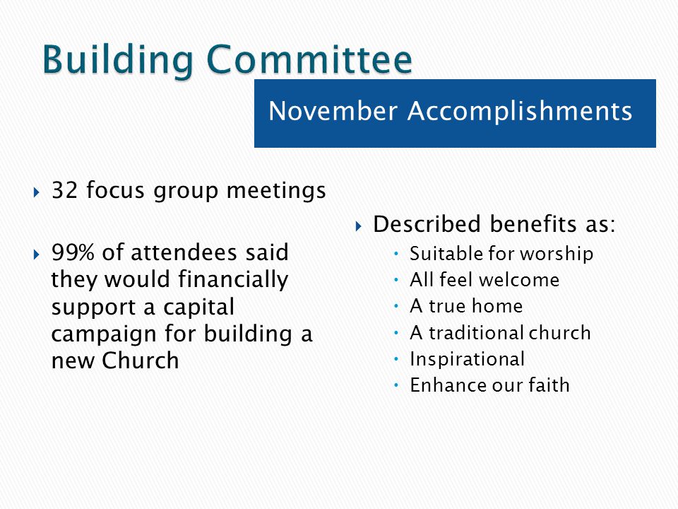 November Accomplishments  32 focus group meetings  99% of attendees said they would financially support a capital campaign for building a new Church  Described benefits as:  Suitable for worship  All feel welcome  A true home  A traditional church  Inspirational  Enhance our faith