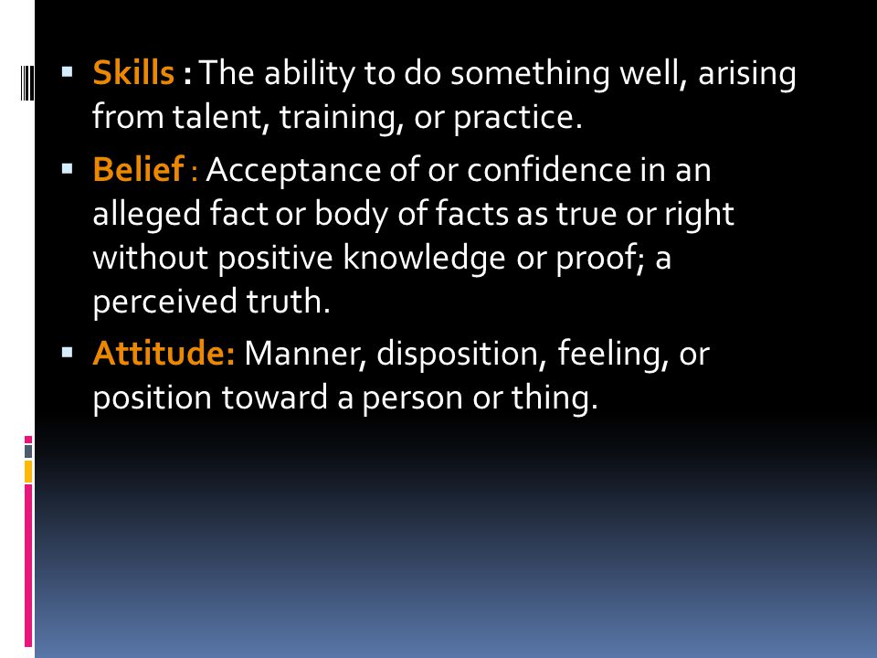  Skills : The ability to do something well, arising from talent, training, or practice.