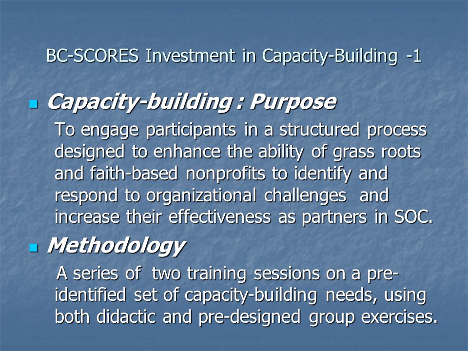 BC-SCORES Investment in Capacity-Building -1 Capacity-building : Purpose Capacity-building : Purpose To engage participants in a structured process designed to enhance the ability of grass roots and faith-based nonprofits to identify and respond to organizational challenges and increase their effectiveness as partners in SOC.