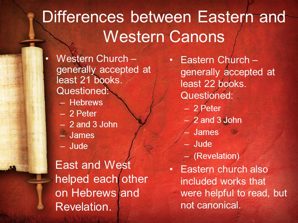Differences between Eastern and Western Canons Western Church – generally accepted at least 21 books.