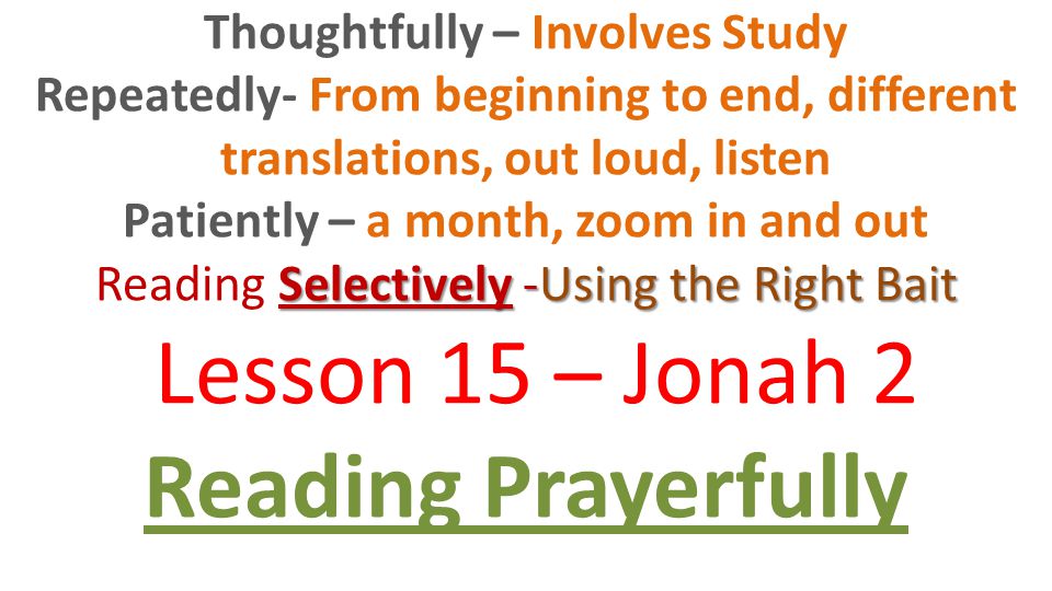 Selectively -Using the Right Bait Thoughtfully – Involves Study Repeatedly- From beginning to end, different translations, out loud, listen Patiently – a month, zoom in and out Reading Selectively -Using the Right Bait Lesson 15 – Jonah 2 Reading Prayerfully