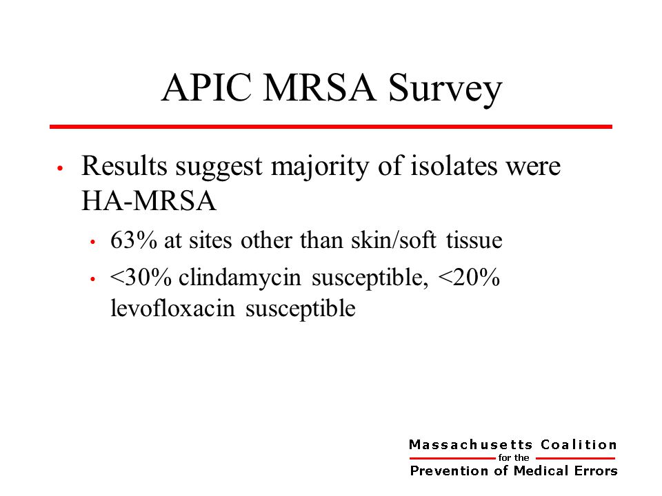 APIC MRSA Survey Results suggest majority of isolates were HA-MRSA 63% at sites other than skin/soft tissue <30% clindamycin susceptible, <20% levofloxacin susceptible