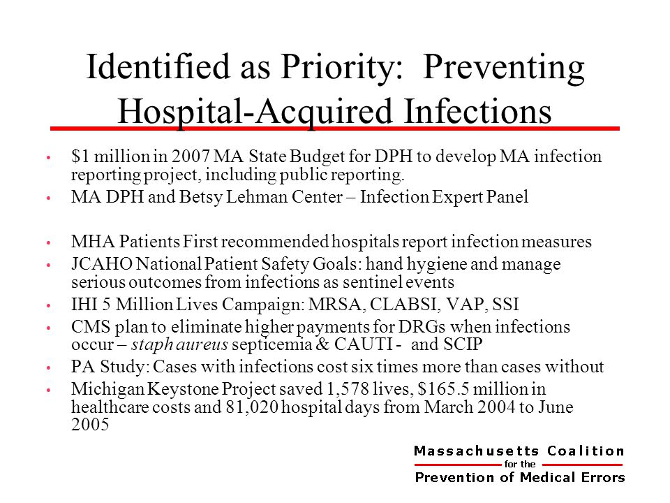 Identified as Priority: Preventing Hospital-Acquired Infections $1 million in 2007 MA State Budget for DPH to develop MA infection reporting project, including public reporting.