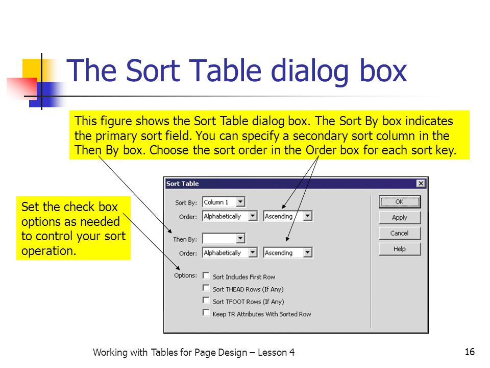 16 Working with Tables for Page Design – Lesson 4 The Sort Table dialog box This figure shows the Sort Table dialog box.