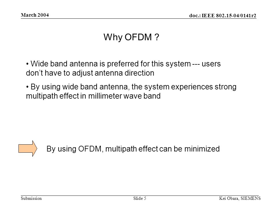 doc.: IEEE /0141r2 Submission March 2004 Kei Obara, SIEMENSSlide 4 Main features of the system Wideband OFDM in MM-Wave band --- taking advantage of sufficient bandwidth in 60-70GHz.