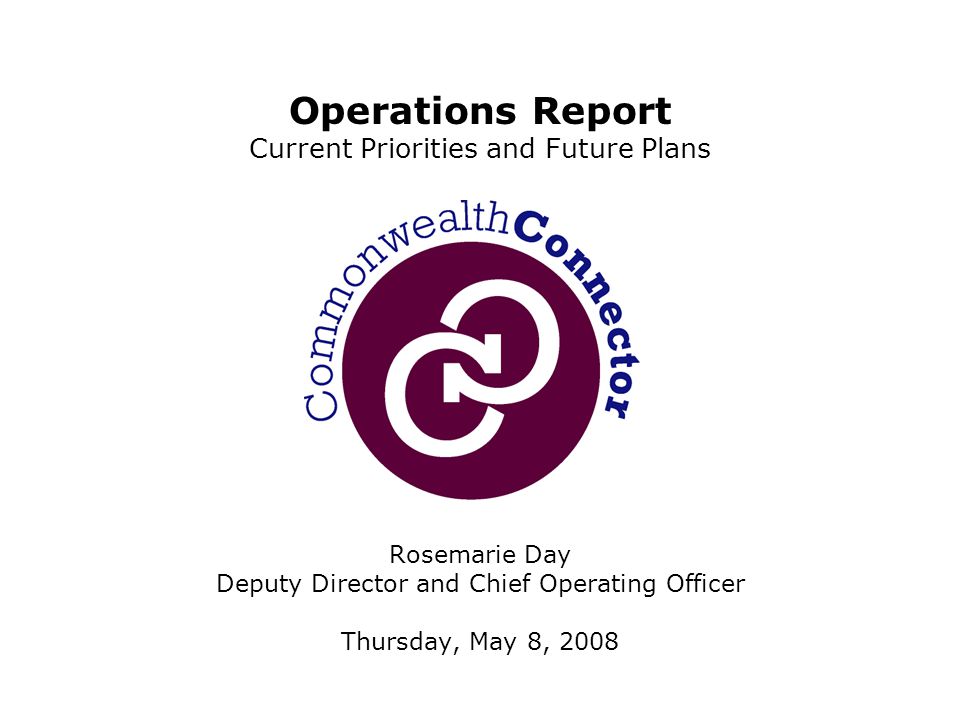 Rosemarie Day Deputy Director and Chief Operating Officer Thursday, May 8, 2008 Operations Report Current Priorities and Future Plans