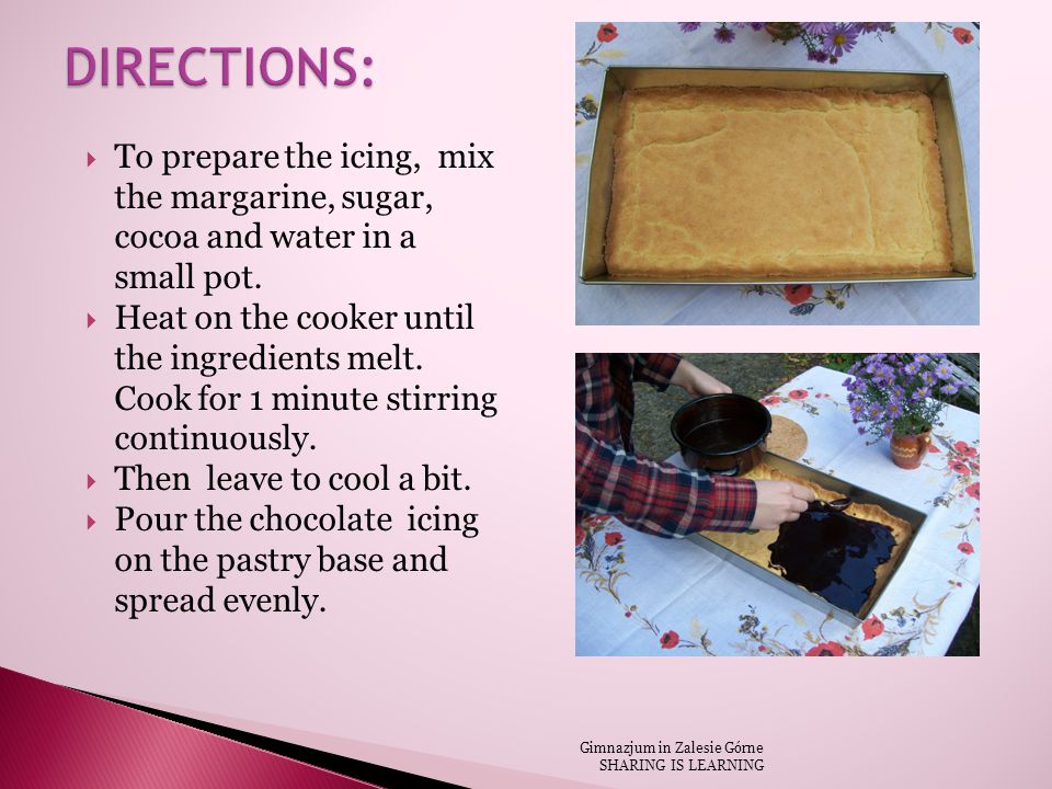  To prepare the icing, mix the margarine, sugar, cocoa and water in a small pot.