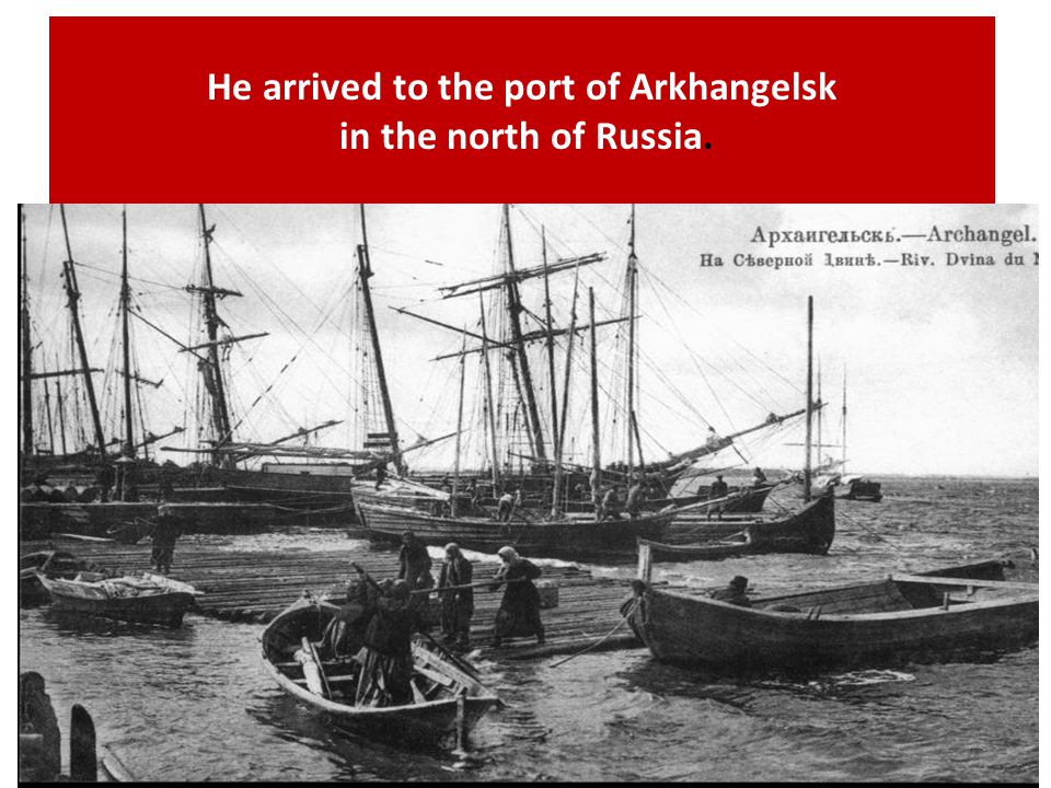 Russia arrived. Monument to Peter i and a sailboat in the Port of Arkhangelsk.