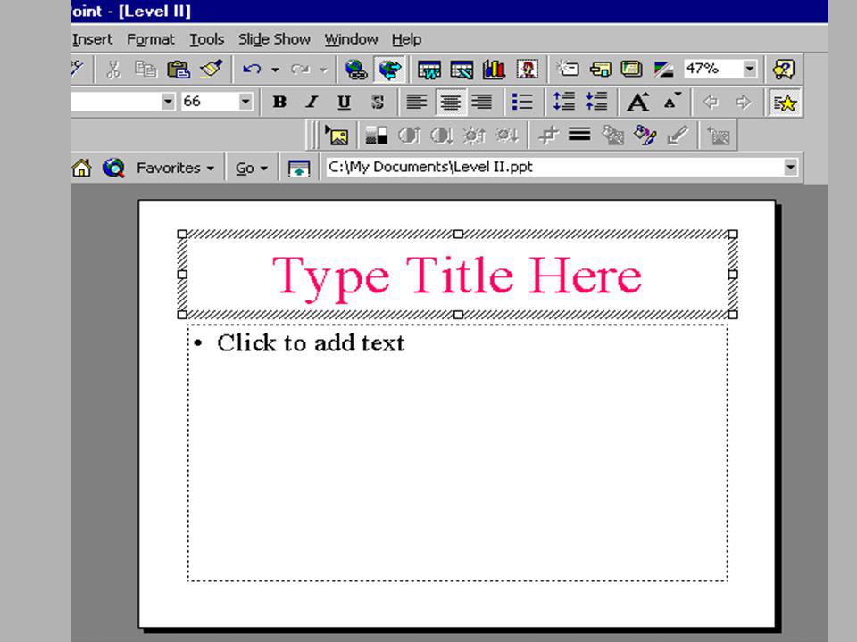 Click your mouse inside one of the boxes Type text for your project When finished, create another New Slide Step Two Enter In Text