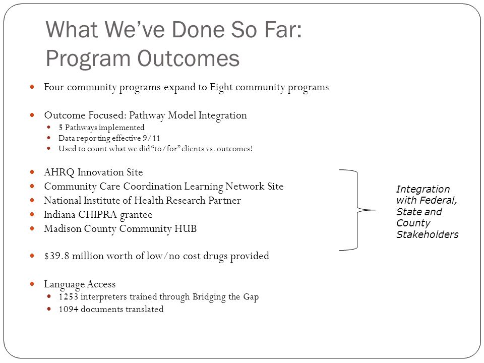 What We’ve Done So Far: Program Outcomes 9 Four community programs expand to Eight community programs Outcome Focused: Pathway Model Integration 5 Pathways implemented Data reporting effective 9/11 Used to count what we did to/for clients vs.
