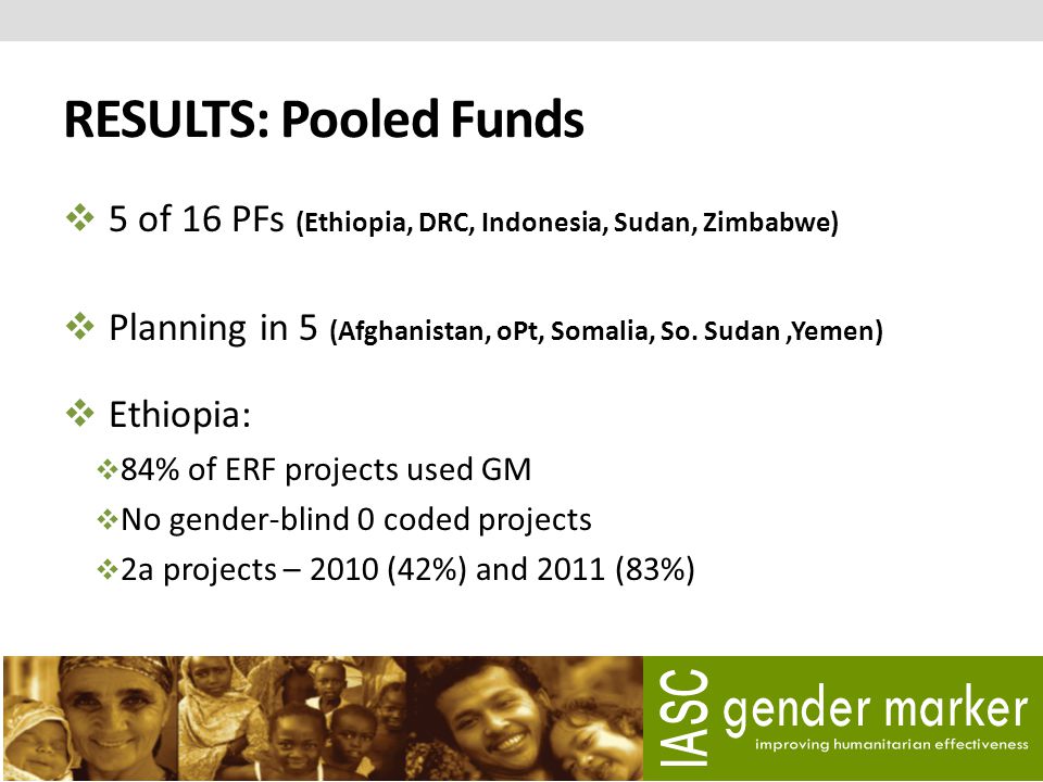 RESULTS: Pooled Funds  5 of 16 PFs (Ethiopia, DRC, Indonesia, Sudan, Zimbabwe)  Planning in 5 (Afghanistan, oPt, Somalia, So.