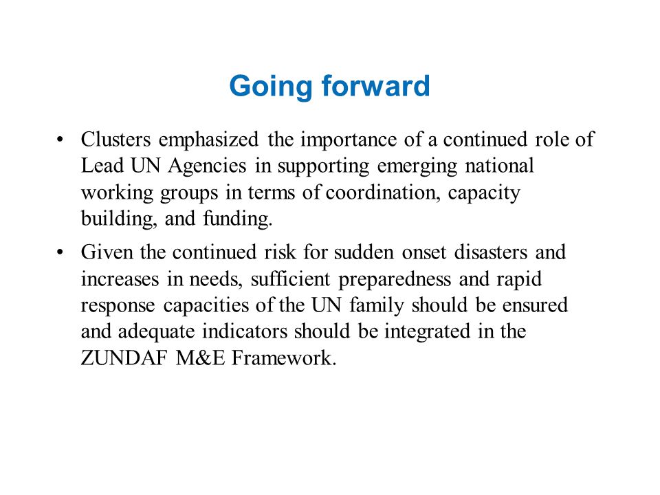 Going forward Clusters emphasized the importance of a continued role of Lead UN Agencies in supporting emerging national working groups in terms of coordination, capacity building, and funding.