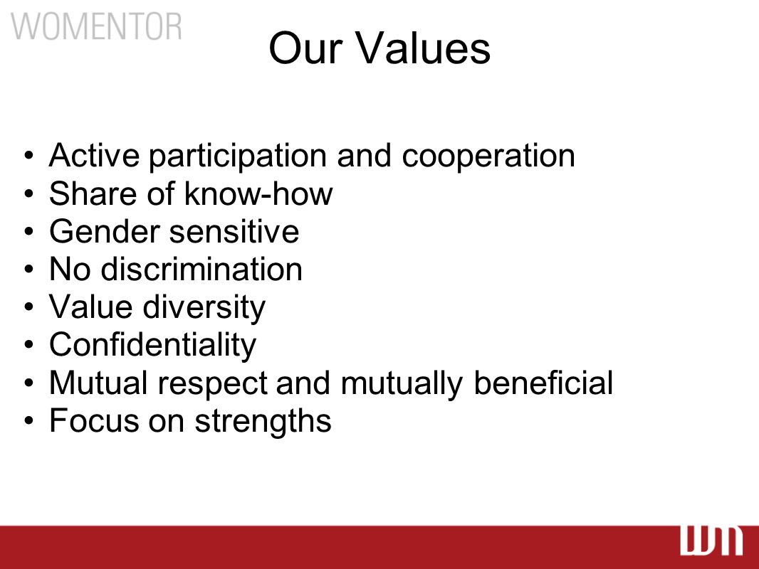 Our Values Active participation and cooperation Share of know-how Gender sensitive No discrimination Value diversity Confidentiality Mutual respect and mutually beneficial Focus on strengths
