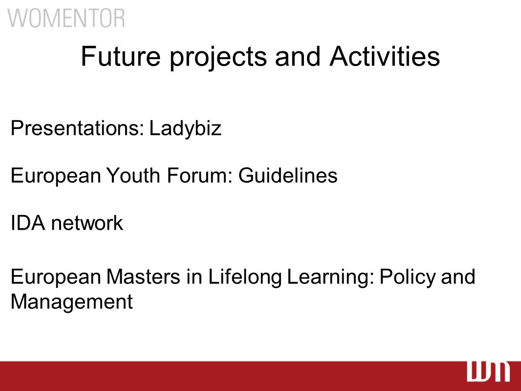 Future projects and Activities Presentations: Ladybiz European Youth Forum: Guidelines IDA network European Masters in Lifelong Learning: Policy and Management