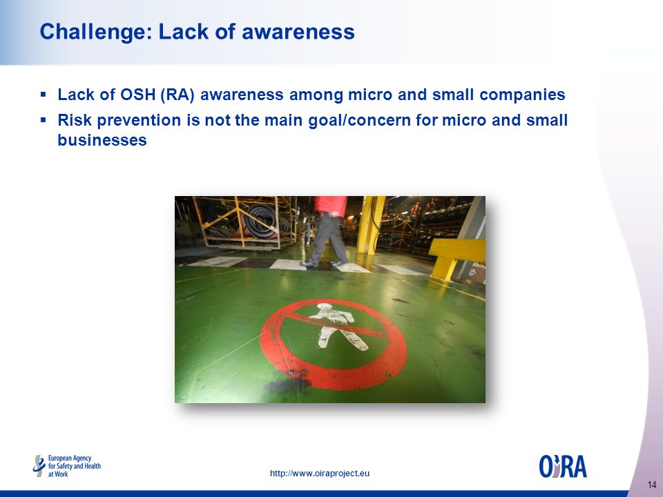14   Challenge: Lack of awareness  Lack of OSH (RA) awareness among micro and small companies  Risk prevention is not the main goal/concern for micro and small businesses