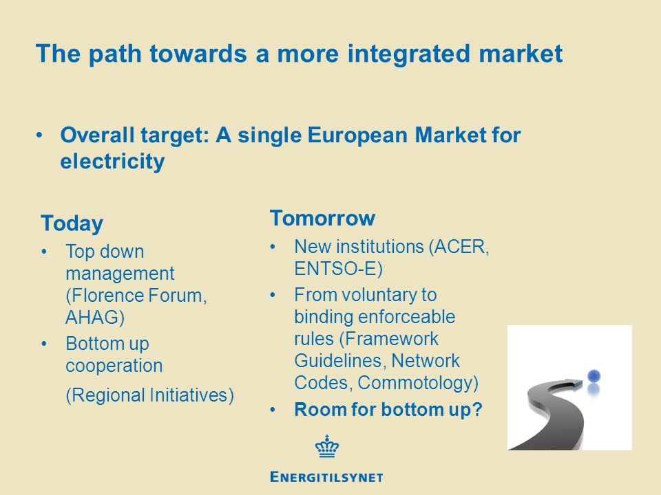 The path towards a more integrated market Overall target: A single European Market for electricity Today Top down management (Florence Forum, AHAG) Bottom up cooperation (Regional Initiatives) Tomorrow New institutions (ACER, ENTSO-E) From voluntary to binding enforceable rules (Framework Guidelines, Network Codes, Commotology) Room for bottom up