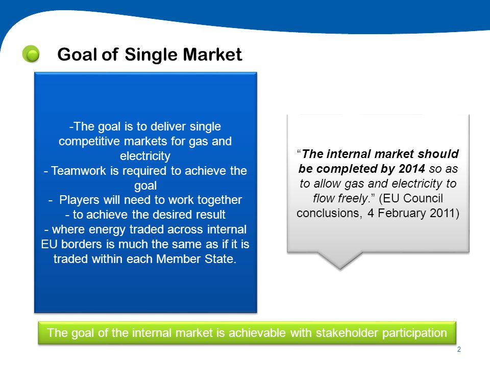 2 Goal of Single Market -The goal is to deliver single competitive markets for gas and electricity - Teamwork is required to achieve the goal - Players will need to work together - to achieve the desired result - where energy traded across internal EU borders is much the same as if it is traded within each Member State.