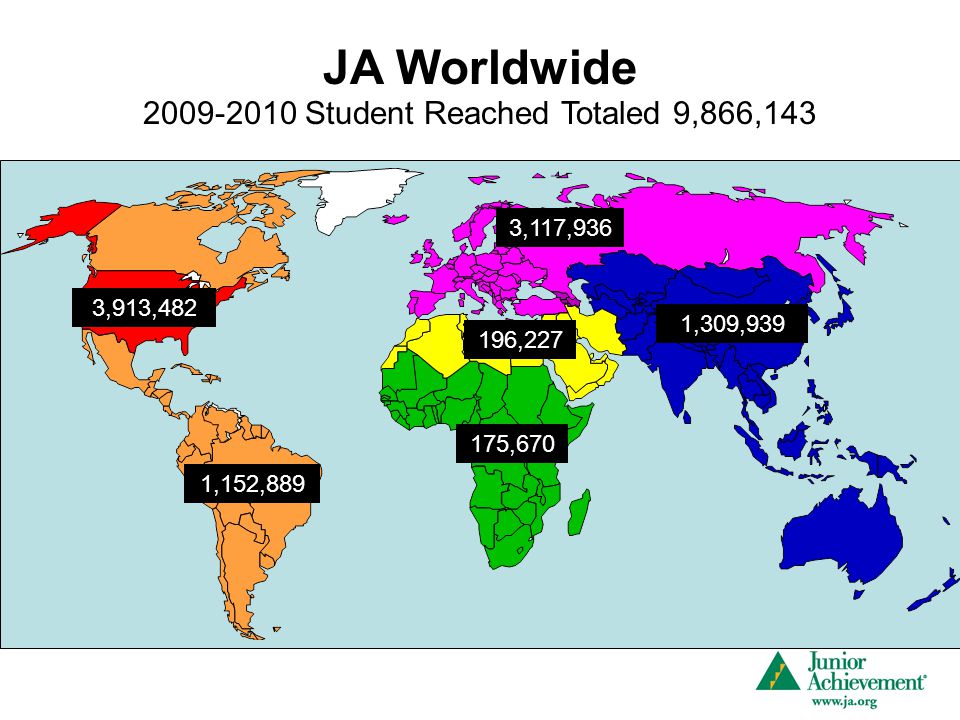 JA Worldwide 3,913,482 1,152, ,670 1,309,939 3,117, , Student Reached Totaled 9,866,143