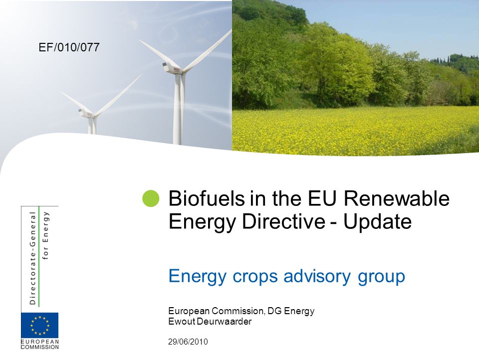 European Commission, DG Energy Ewout Deurwaarder 29/06/2010 Biofuels in the EU Renewable Energy Directive - Update Energy crops advisory group EF/010/077