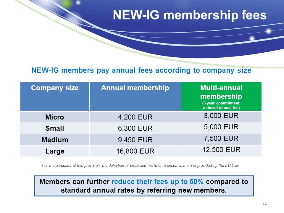 NEW-IG membership fees NEW-IG members pay annual fees according to company size 11 For the purposes of this provision, the definition of small and micro-enterprises is the one provided by the EU Law.