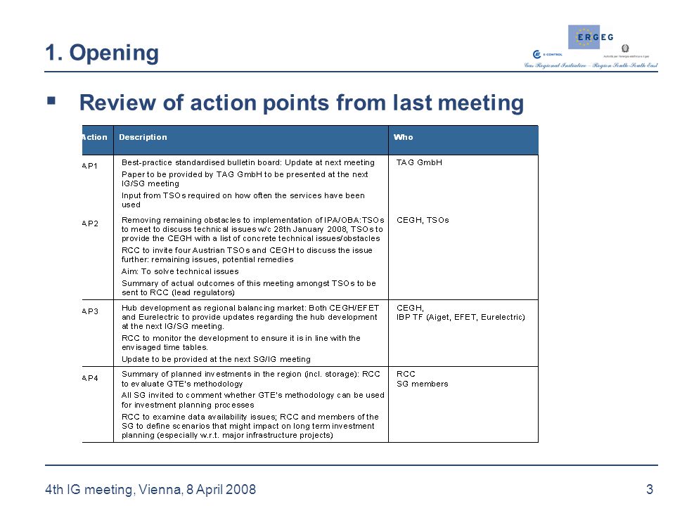 3 4th IG meeting, Vienna, 8 April Opening  Review of action points from last meeting