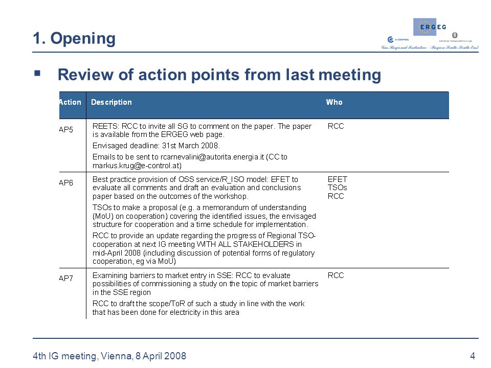 4 4th IG meeting, Vienna, 8 April Opening  Review of action points from last meeting