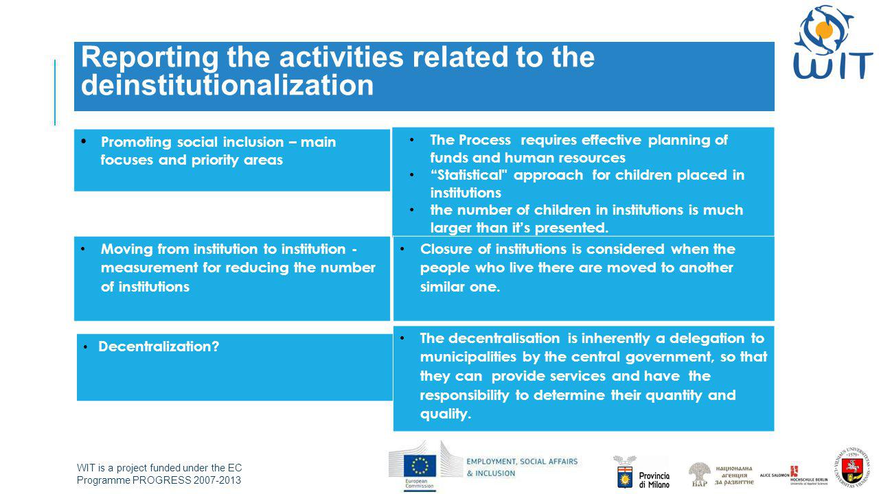 WIT is a project funded under the EC Programme PROGRESS Reporting the activities related to the deinstitutionalization Promoting social inclusion – main focuses and priority areas The Process requires effective planning of funds and human resources Statistical approach for children placed in institutions the number of children in institutions is much larger than it’s presented.