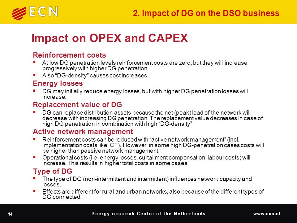 14 Impact on OPEX and CAPEX Reinforcement costs  At low DG penetration levels reinforcement costs are zero, but they will increase progressively with higher DG penetration.