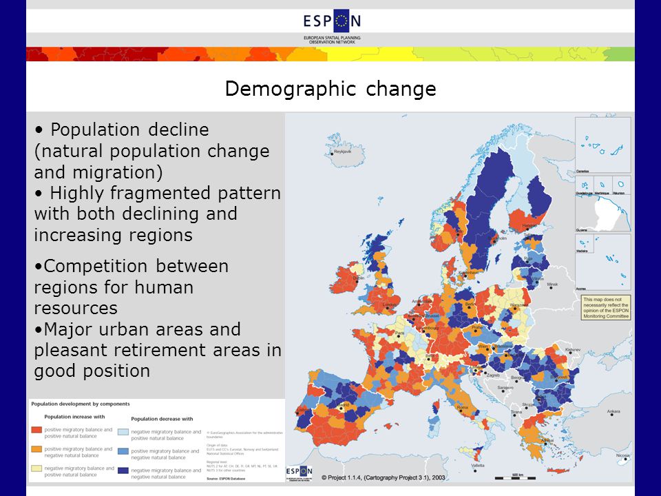 Demographic change Population decline (natural population change and migration) Highly fragmented pattern with both declining and increasing regions Competition between regions for human resources Major urban areas and pleasant retirement areas in good position