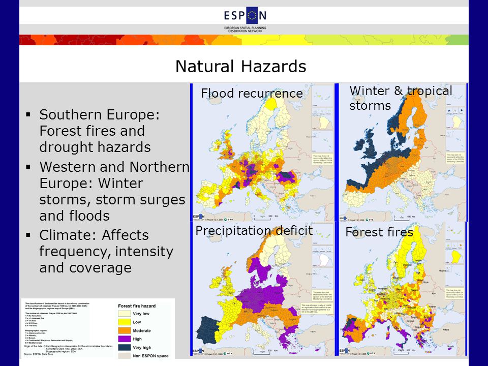 Flood recurrence Forest fires Winter & tropical storms Precipitation deficit Natural Hazards  Southern Europe: Forest fires and drought hazards  Western and Northern Europe: Winter storms, storm surges and floods  Climate: Affects frequency, intensity and coverage